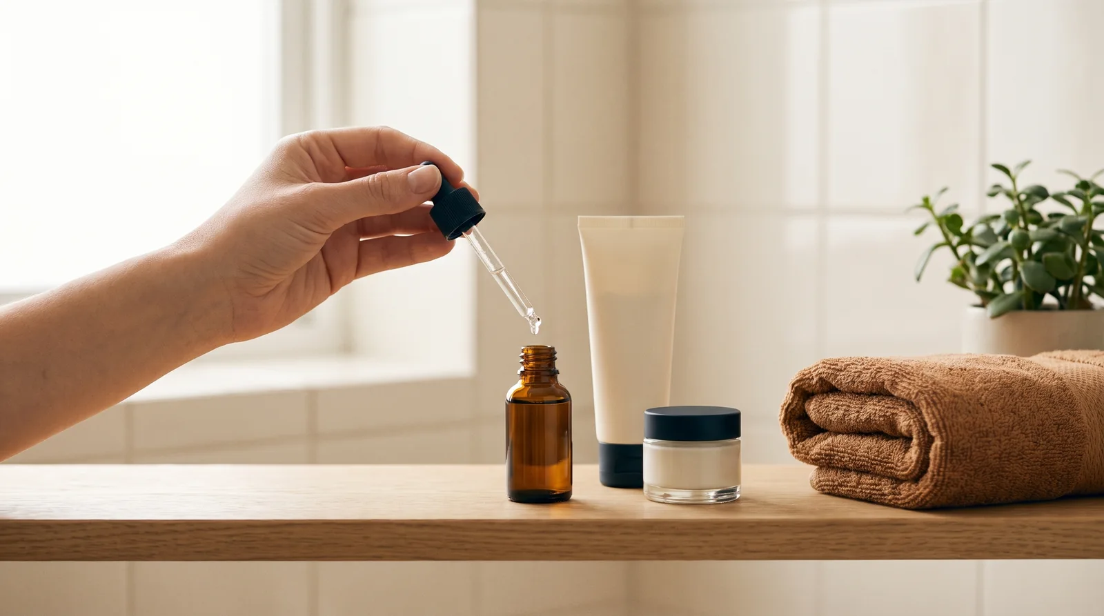 Dłoń z pipetą serum nad małą buteleczką, obok tubka kremu z filtrem i słoik kremu nawilżającego na półce przy oknie