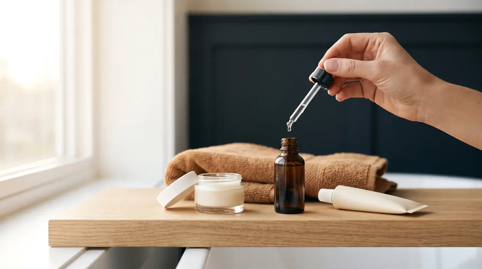 Dłoń z pipetą nad małą buteleczką serum, obok słoik kremu i tubka kremu z filtrem na półce przy oknie, wieczorne światło